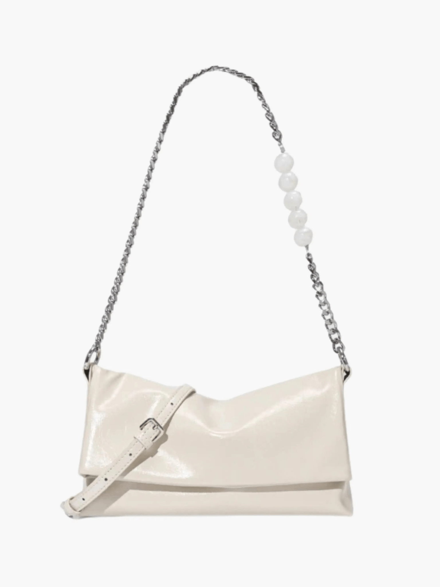 Xelara | Pearl & Chain Accent Foldover Shoulder Bag – Minimalist Elegance