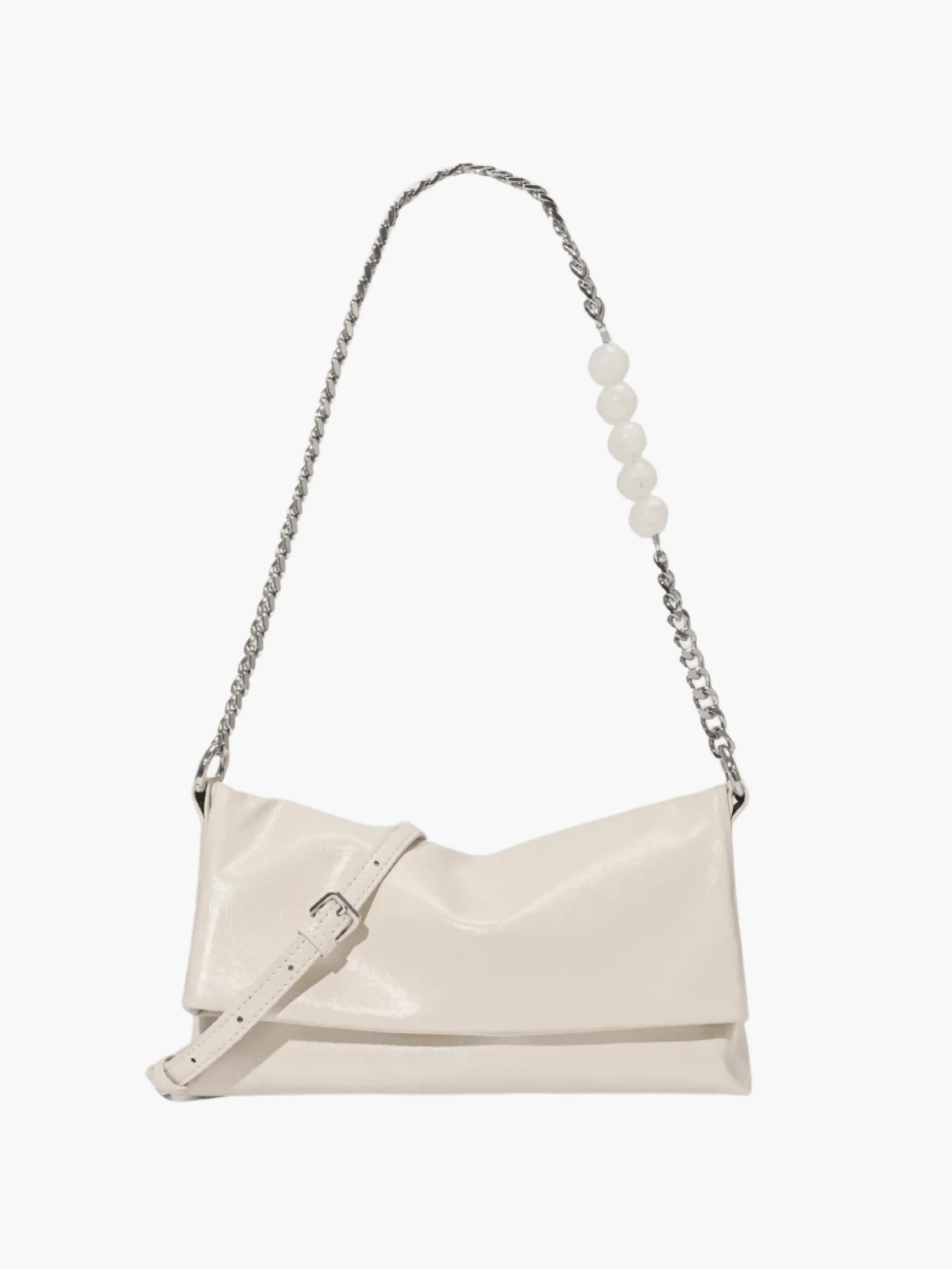 Xelara | Pearl & Chain Accent Foldover Shoulder Bag – Minimalist Elegance