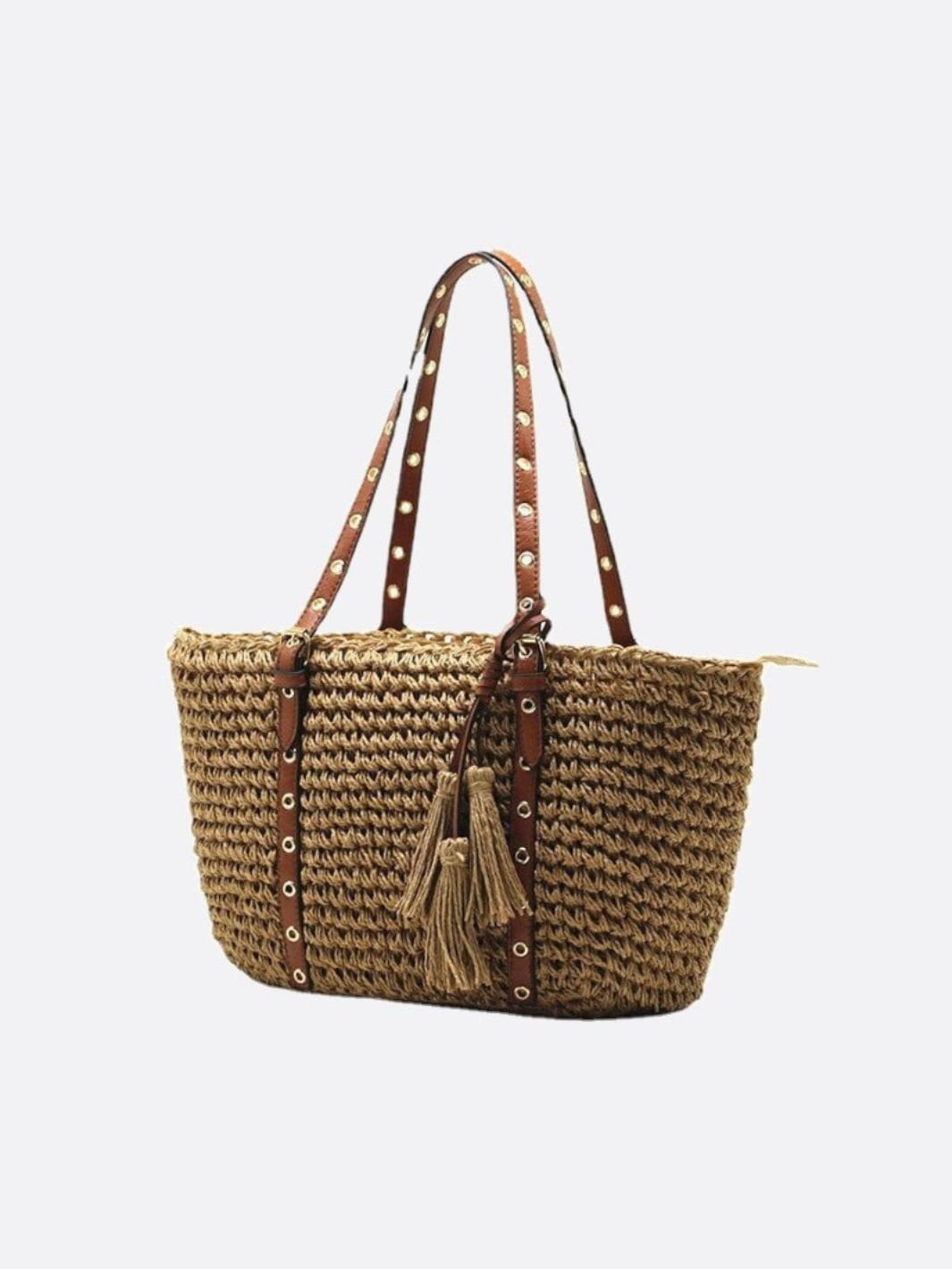 Woven Basket Tote Bag with Tassels – Grommet Strap Shoulder Bag