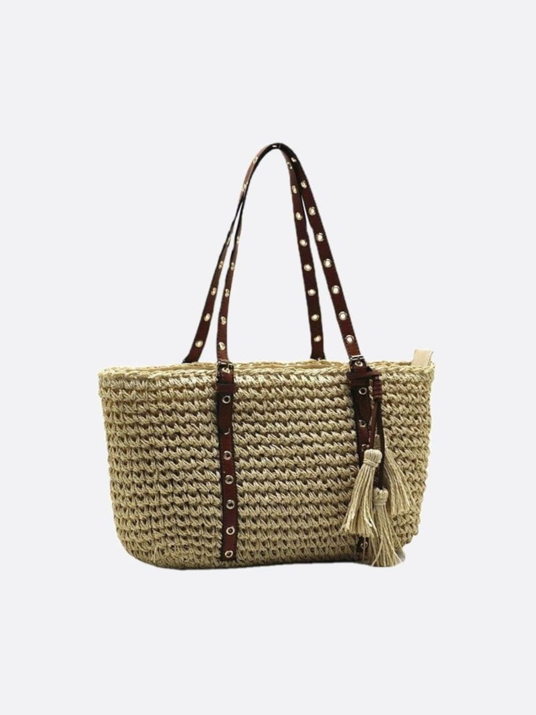 Woven Basket Tote Bag with Tassels – Grommet Strap Shoulder Bag