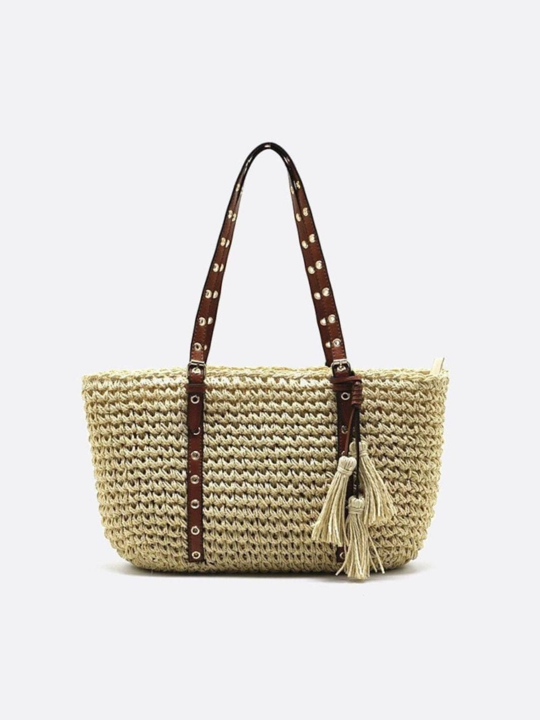 Woven Basket Tote Bag with Tassels – Grommet Strap Shoulder Bag