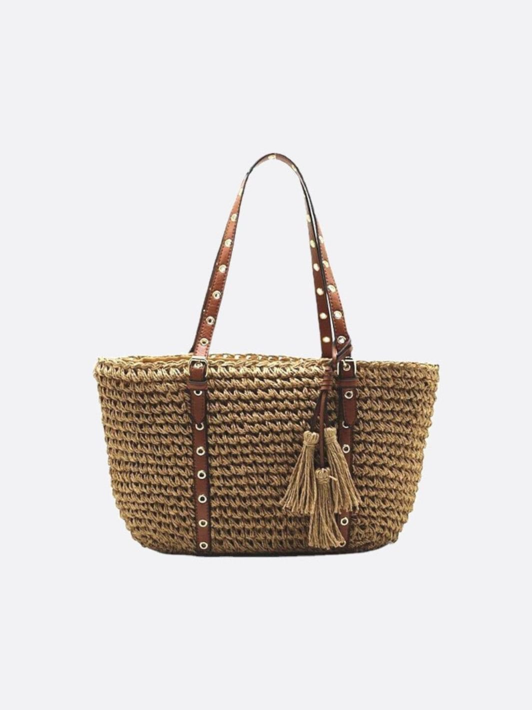 Woven Basket Tote Bag with Tassels – Grommet Strap Shoulder Bag