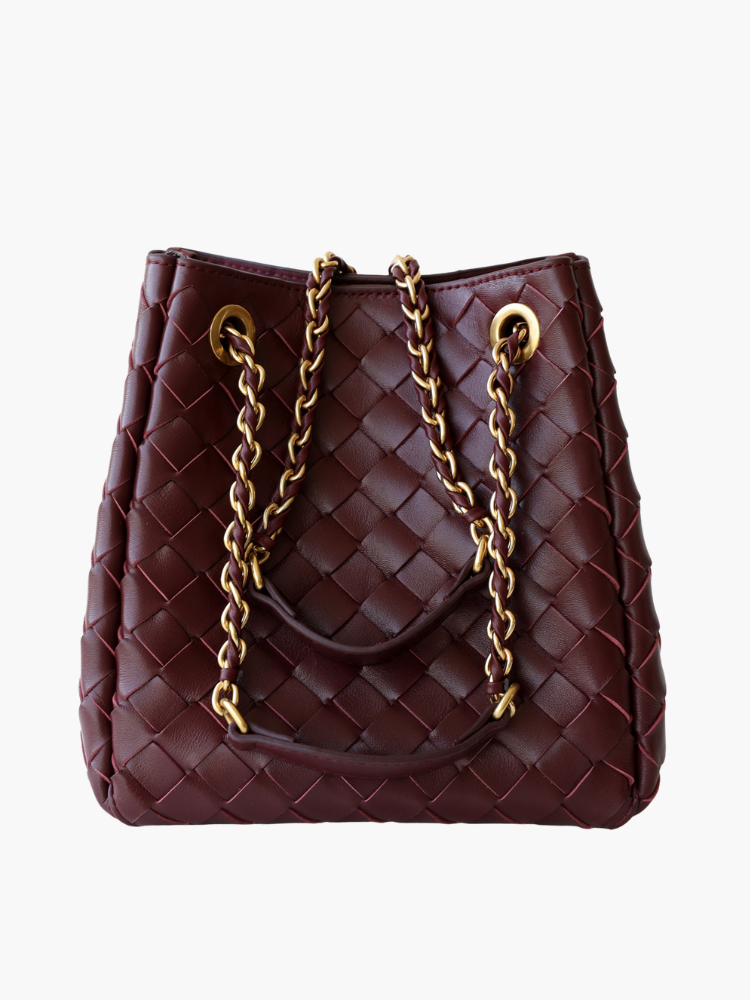 Zerina | Burgundy Woven Leather Chain Tote – Bold & Sophisticated