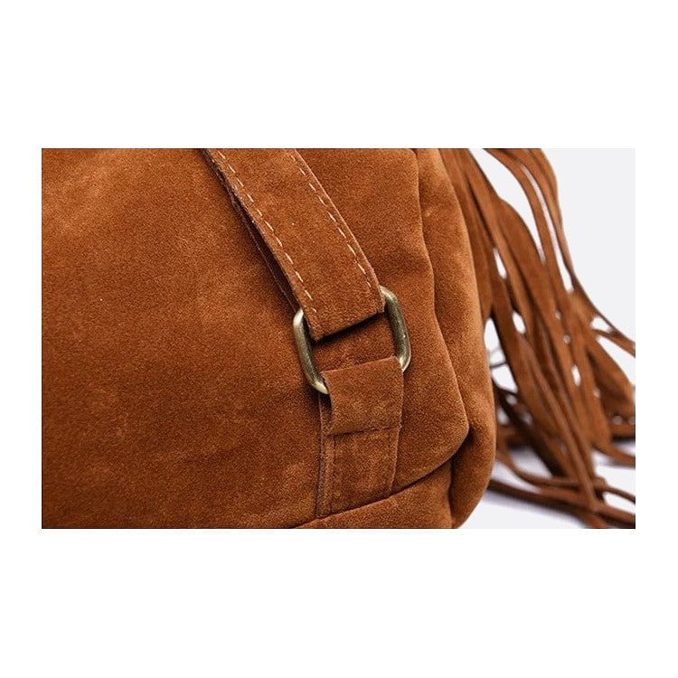 Savannah Fringe Backpack – Suede-Effect Drawstring Rucksack with Boho Tassels