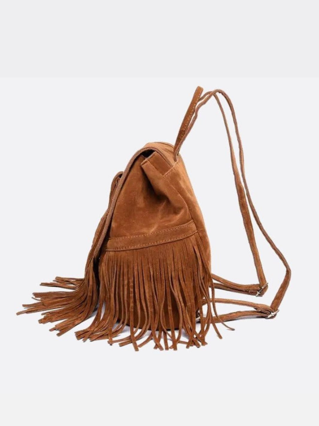 Savannah Fringe Backpack – Suede-Effect Drawstring Rucksack with Boho Tassels