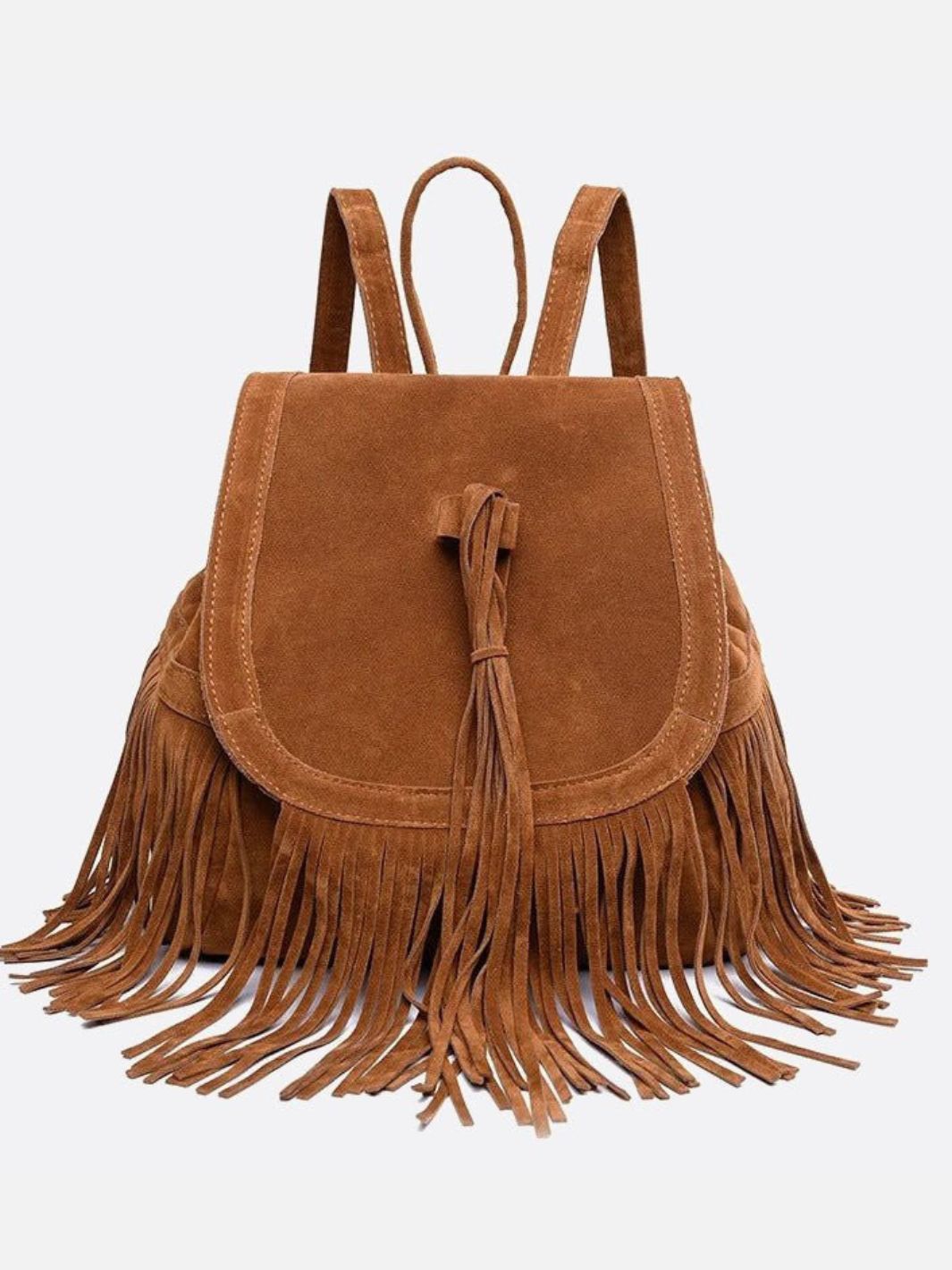 Savannah Fringe Backpack – Suede-Effect Drawstring Rucksack with Boho Tassels