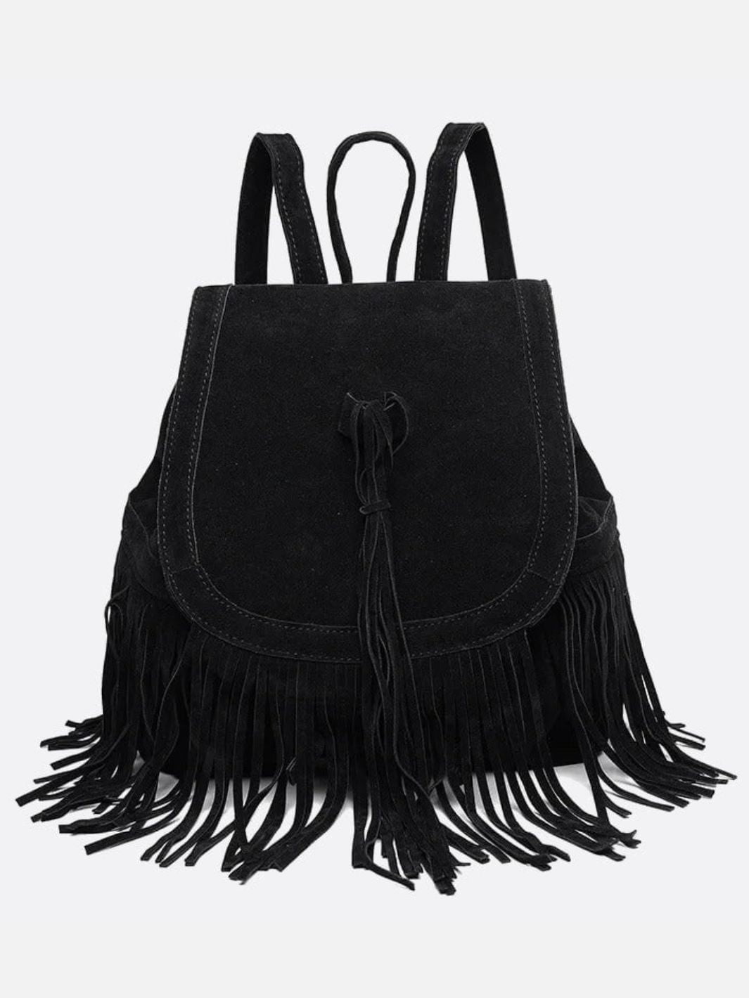 Savannah Fringe Backpack – Suede-Effect Drawstring Rucksack with Boho Tassels