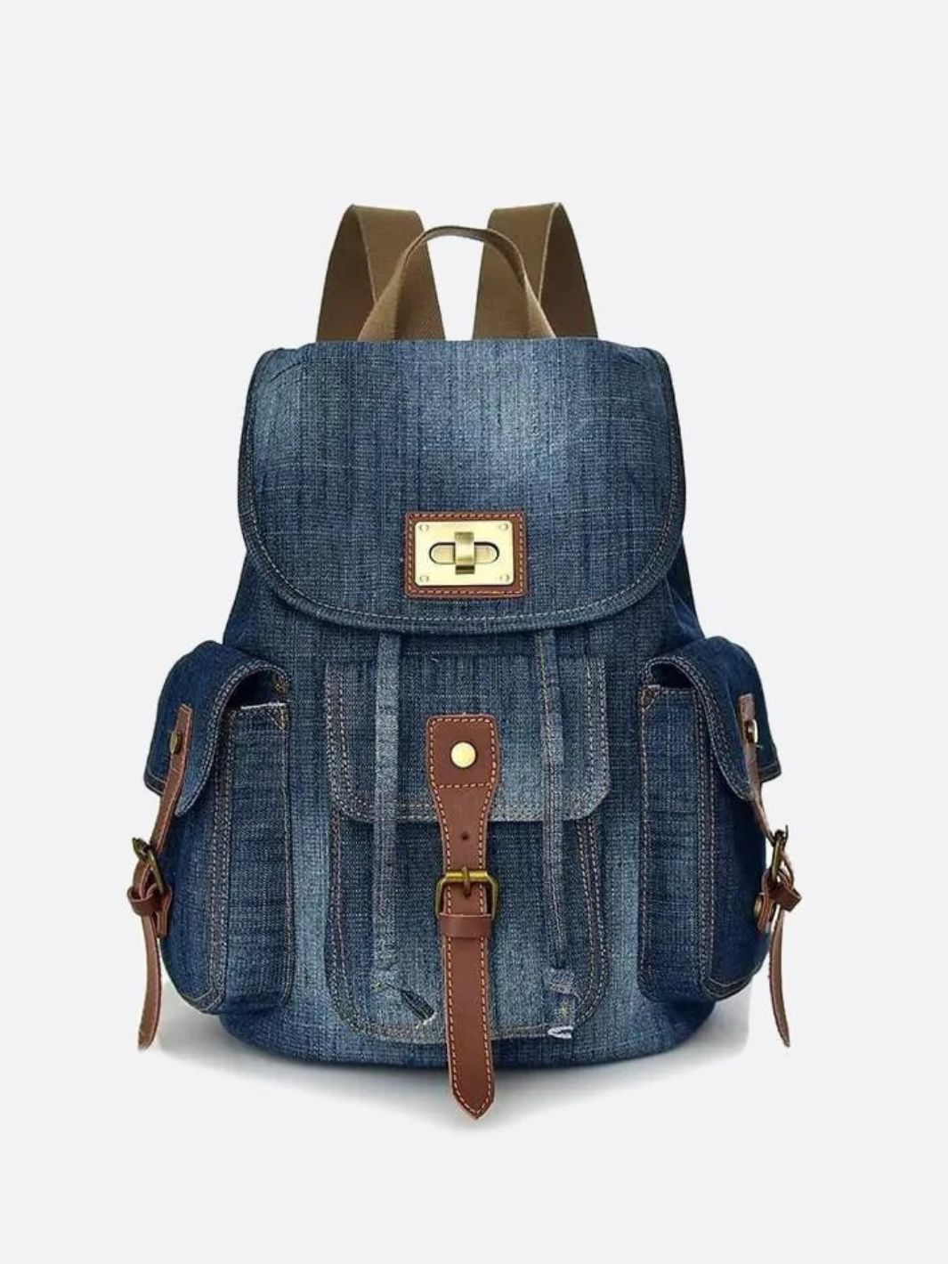 Ryder Denim Backpack – Vintage Utility Jean Bag with Pockets & Faux Leather Trim