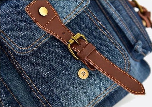 Ryder Denim Backpack – Vintage Utility Jean Bag with Pockets & Faux Leather Trim