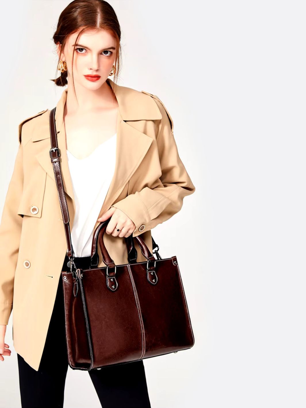 Vintage-Style Camel Leather Tote Bag – Professional & Timeless