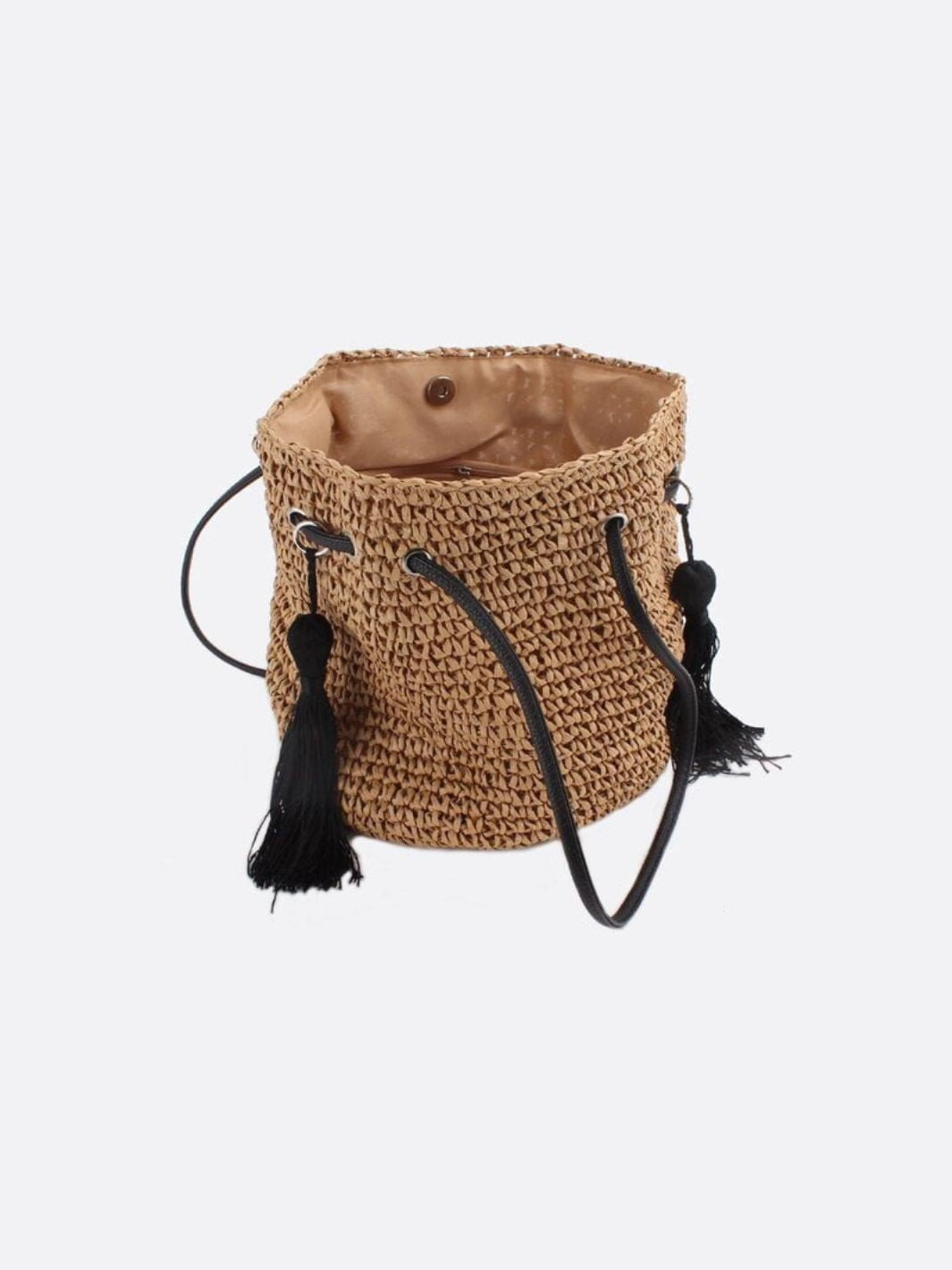 Woven Drawstring Bucket Bag with Tassels