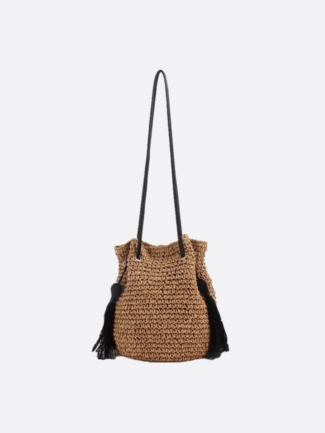 Woven Drawstring Bucket Bag with Tassels