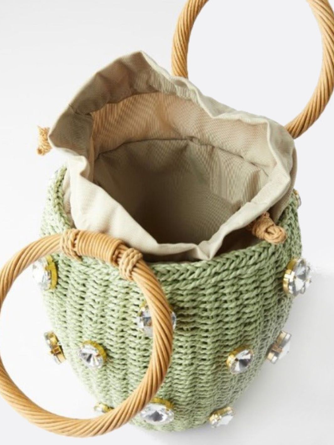Luna Mini Gem-Embellished Bucket Bag – Woven Handle Purse