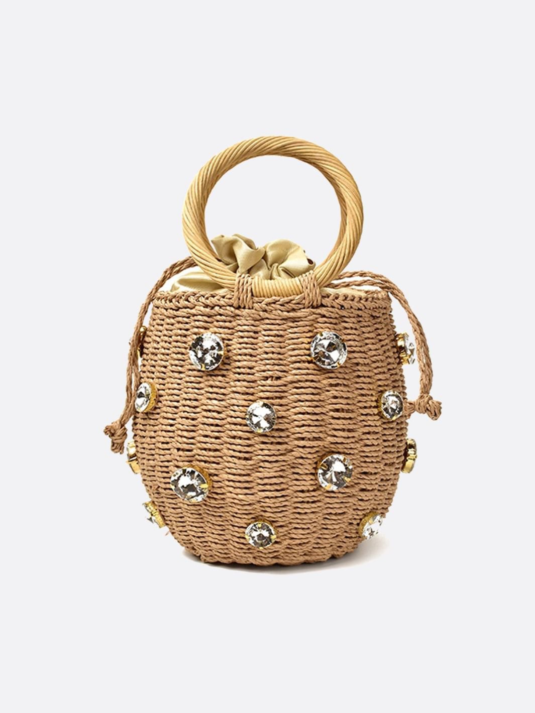 Luna Mini Gem-Embellished Bucket Bag – Woven Handle Purse