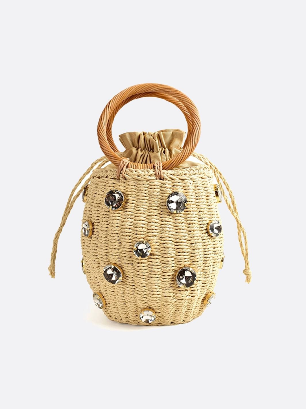 Luna Mini Gem-Embellished Bucket Bag – Woven Handle Purse