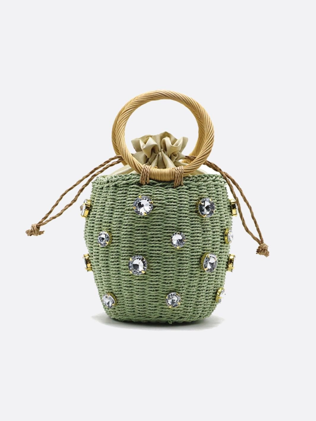 Luna Mini Gem-Embellished Bucket Bag – Woven Handle Purse