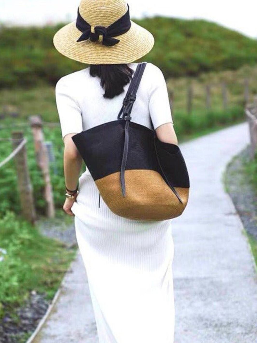 Sienna Two-Tone Woven Tote – Black & Camel Straw Bag