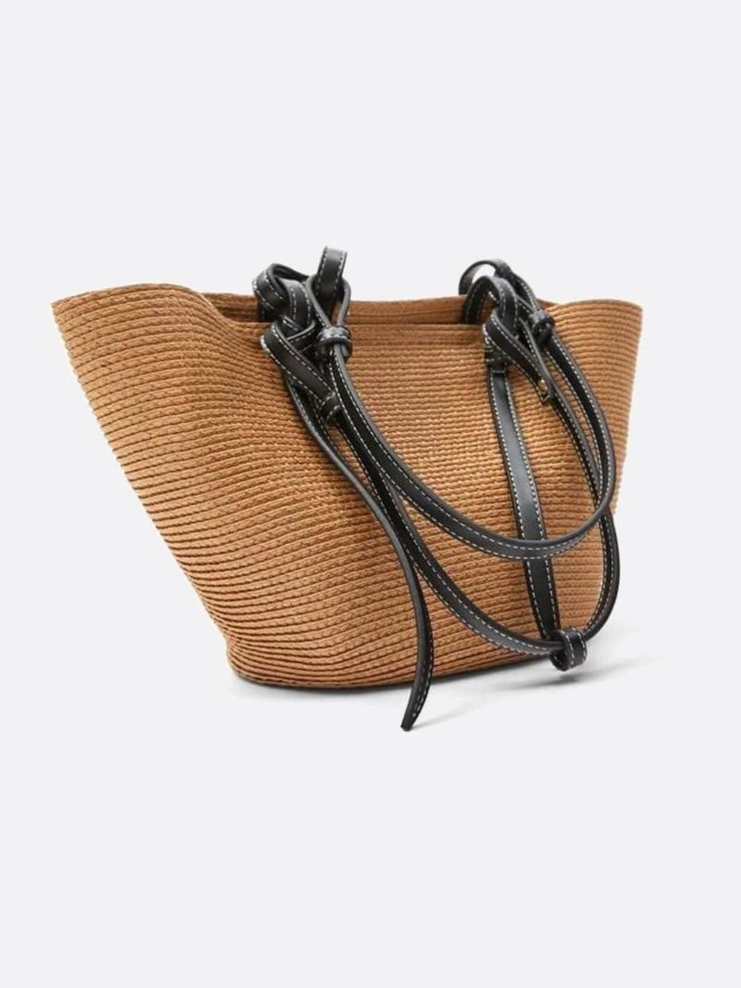 Sienna Two-Tone Woven Tote – Black & Camel Straw Bag