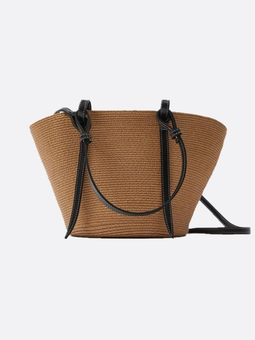 Sienna Two-Tone Woven Tote – Black & Camel Straw Bag