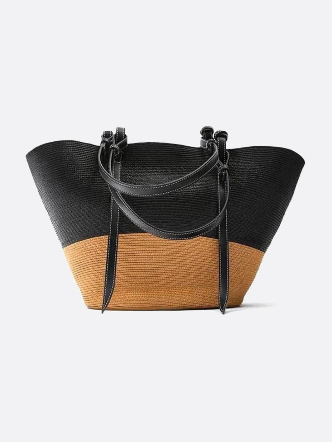 Sienna Two-Tone Woven Tote – Black & Camel Straw Bag