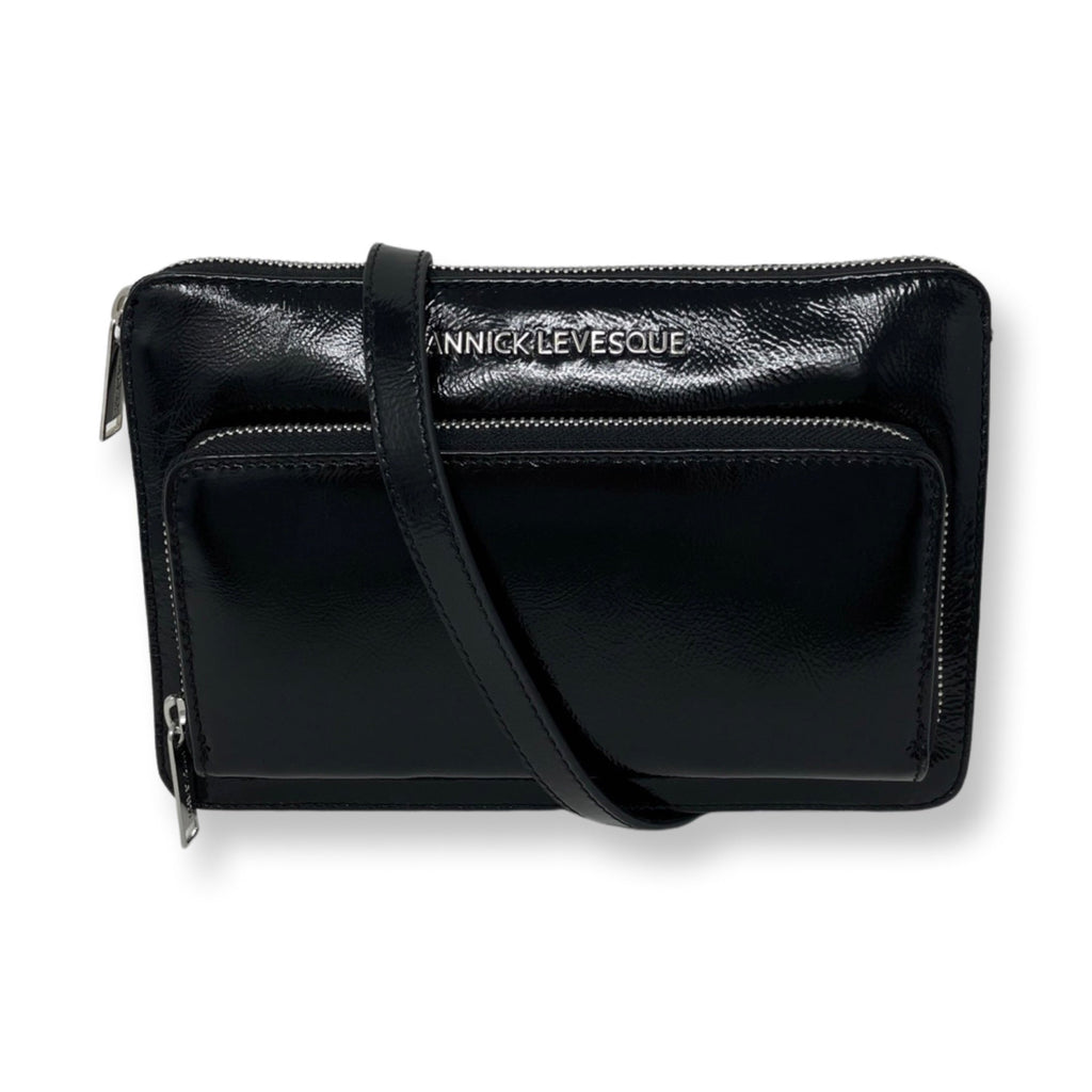 Petit sac à Bandoulière Portefeuille en Cuir Vernis Noir Patin, Carmen - PRÉCOMMANDE
