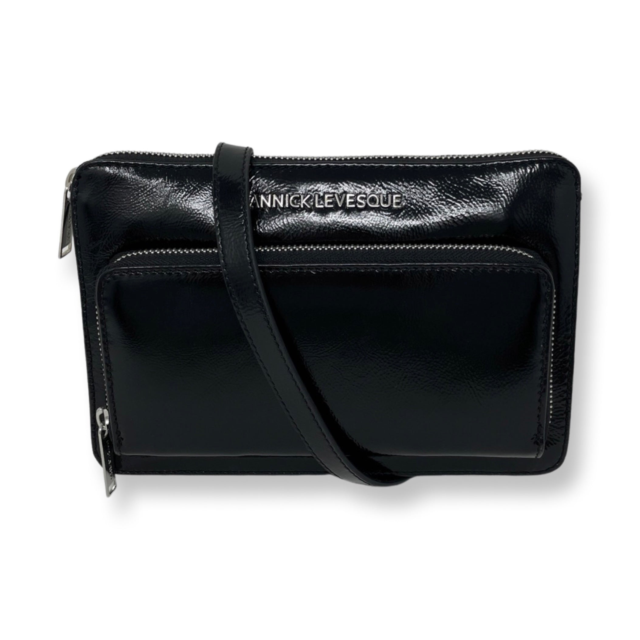 Petit sac à Bandoulière Portefeuille en Cuir Vernis Noir Patin, Carmen - PRÉCOMMANDE