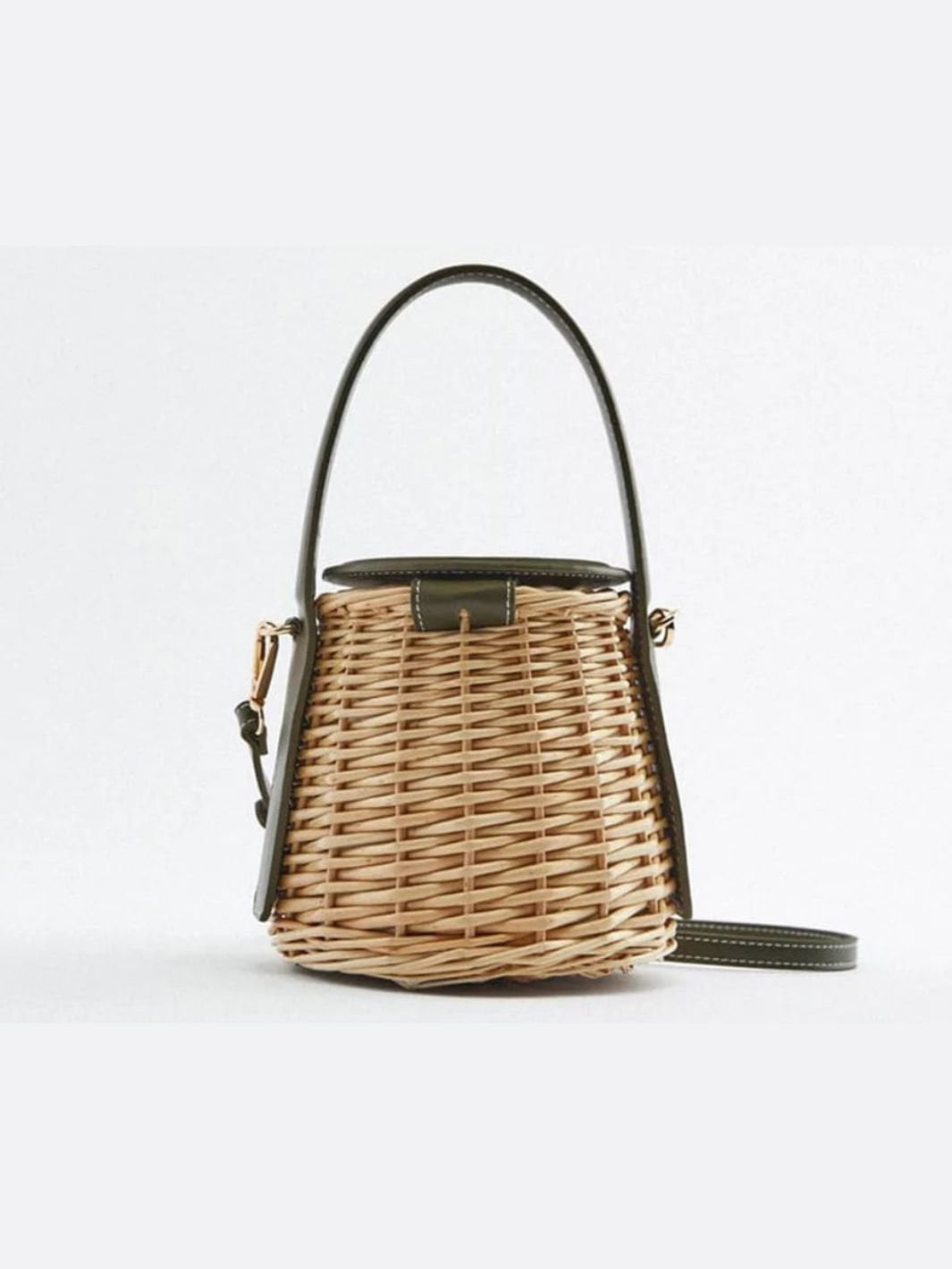 Aurora Rattan Mini Bucket Bag – Woven Handbag with Faux-Leather Trim & Strap
