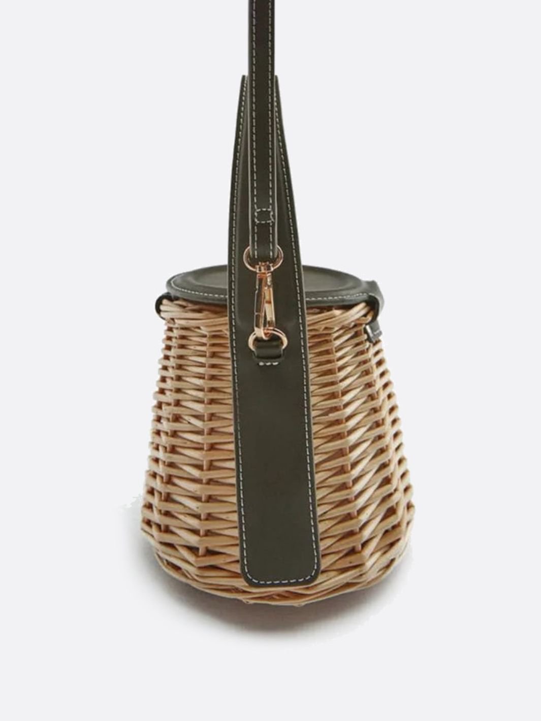 Aurora Rattan Mini Bucket Bag – Woven Handbag with Faux-Leather Trim & Strap