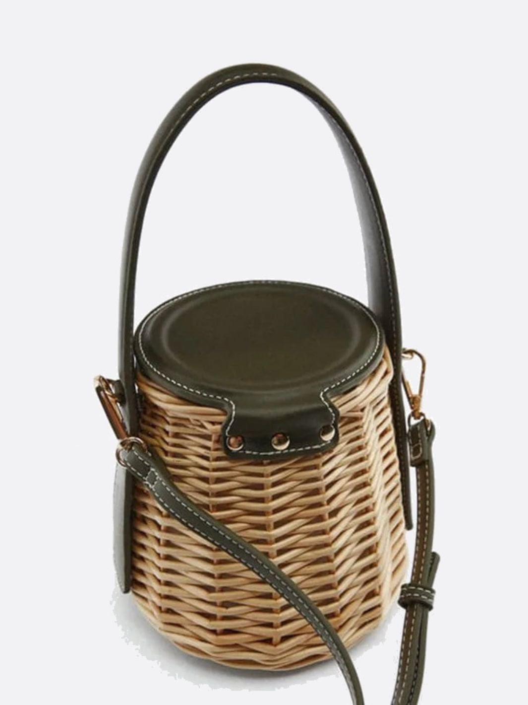 Aurora Rattan Mini Bucket Bag – Woven Handbag with Faux-Leather Trim & Strap