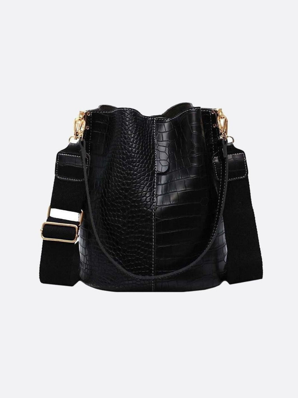 Black Croc-Embossed PU Leather Bucket Bag – Bold, Textured, Timeless