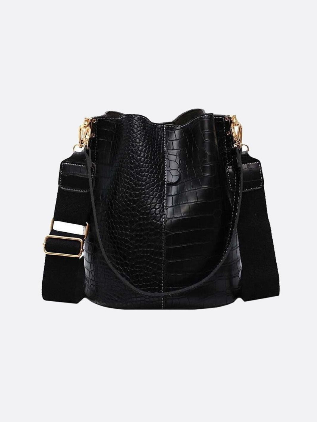 Black Croc-Embossed PU Leather Bucket Bag – Bold, Textured, Timeless