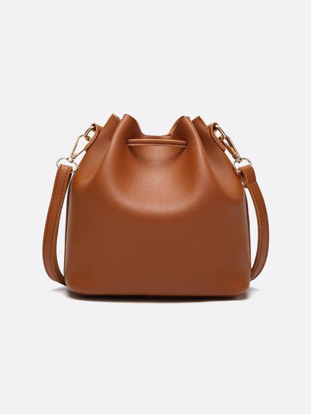 Camel PU Leather Bucket Bag with Tassels – Chic, Compact & Versatile