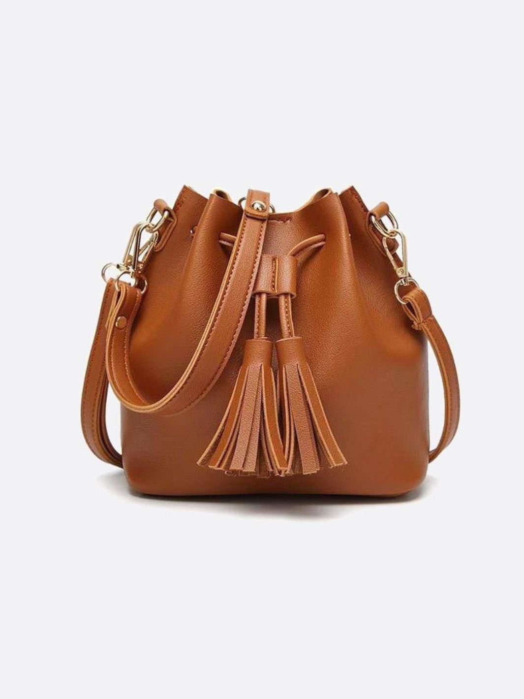 Camel PU Leather Bucket Bag with Tassels – Chic, Compact & Versatile