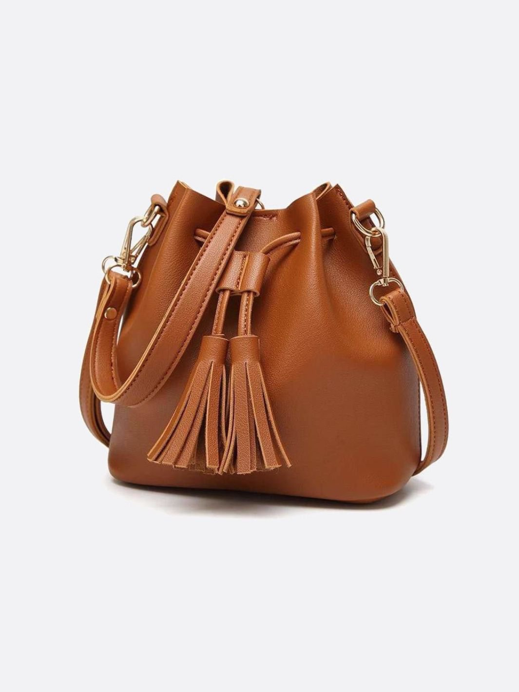 Camel PU Leather Bucket Bag with Tassels – Chic, Compact & Versatile