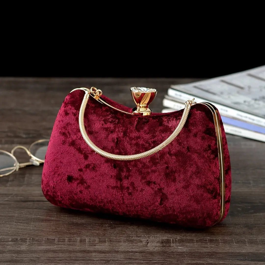 Isla | Velvet & Crystal Handle Evening Clutch – Regal Charm