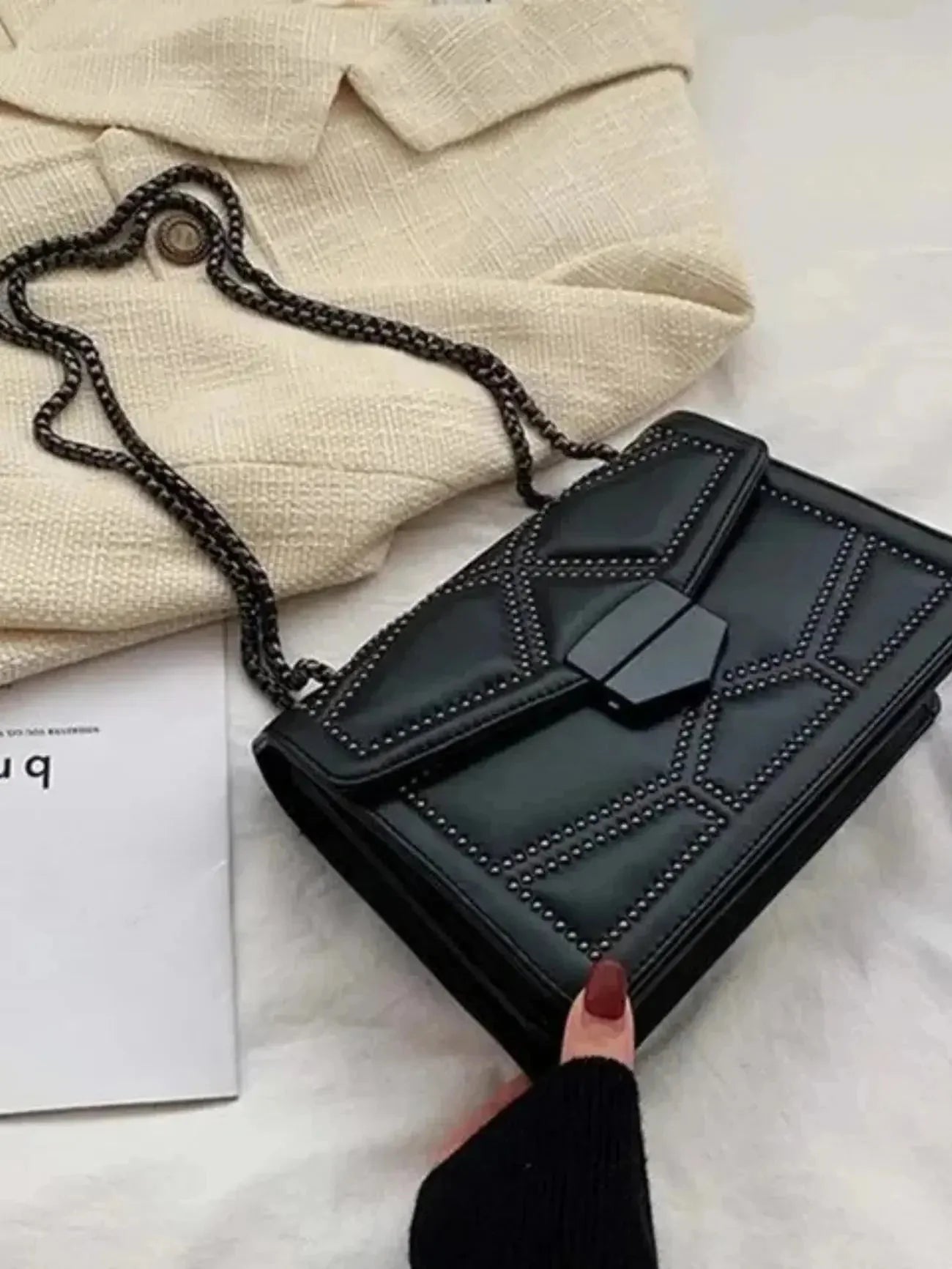 Vionara | Black Studded Leather Shoulder Bag – Edgy Elegance