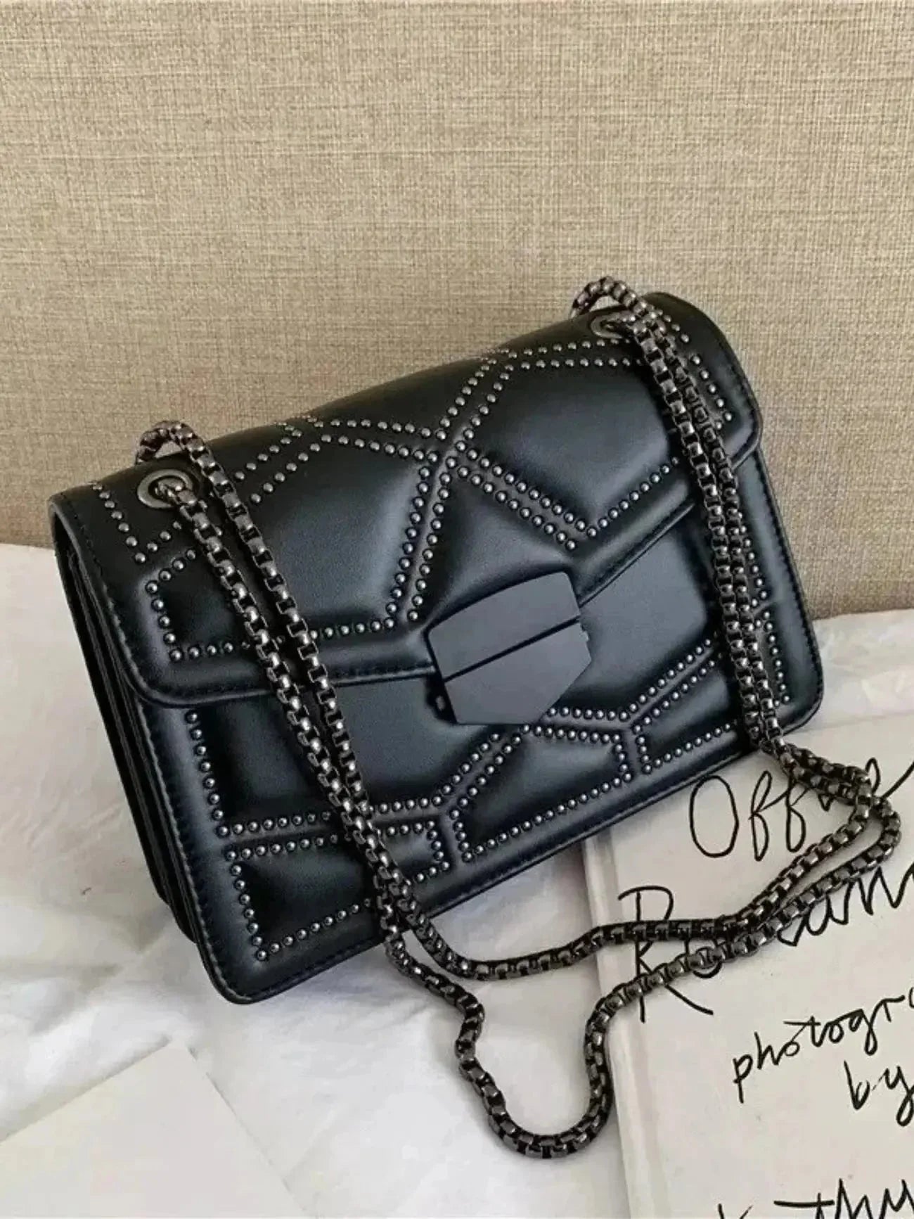 Vionara | Black Studded Leather Shoulder Bag – Edgy Elegance