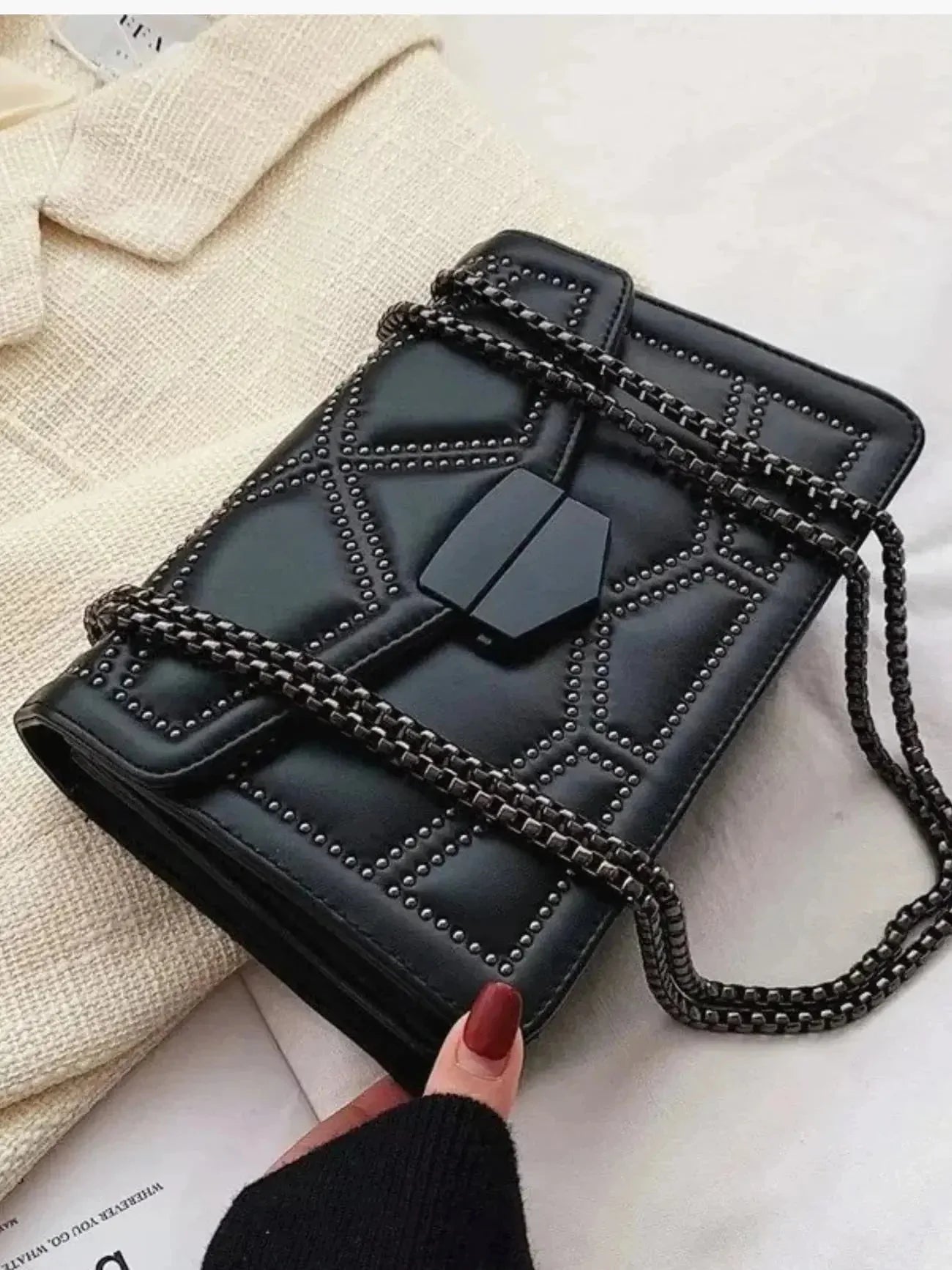 Vionara | Black Studded Leather Shoulder Bag – Edgy Elegance