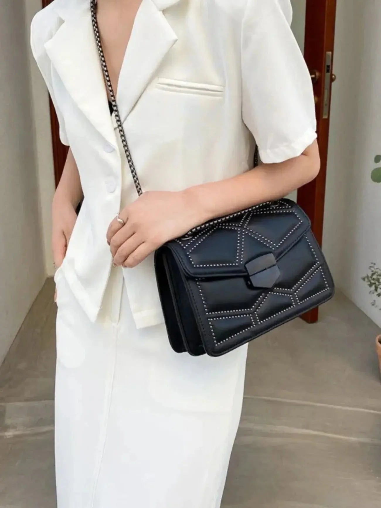 Vionara | Black Studded Leather Shoulder Bag – Edgy Elegance