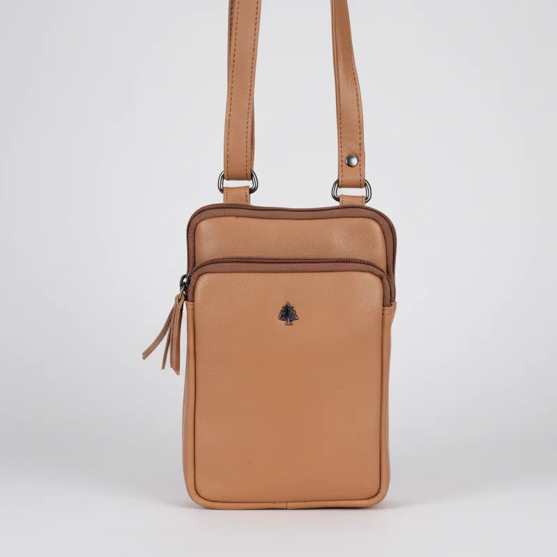 Greenwood Leather Compact Mini Crossbody. Slim Full-Grain Leather Phone Bag & Travel Organizer
