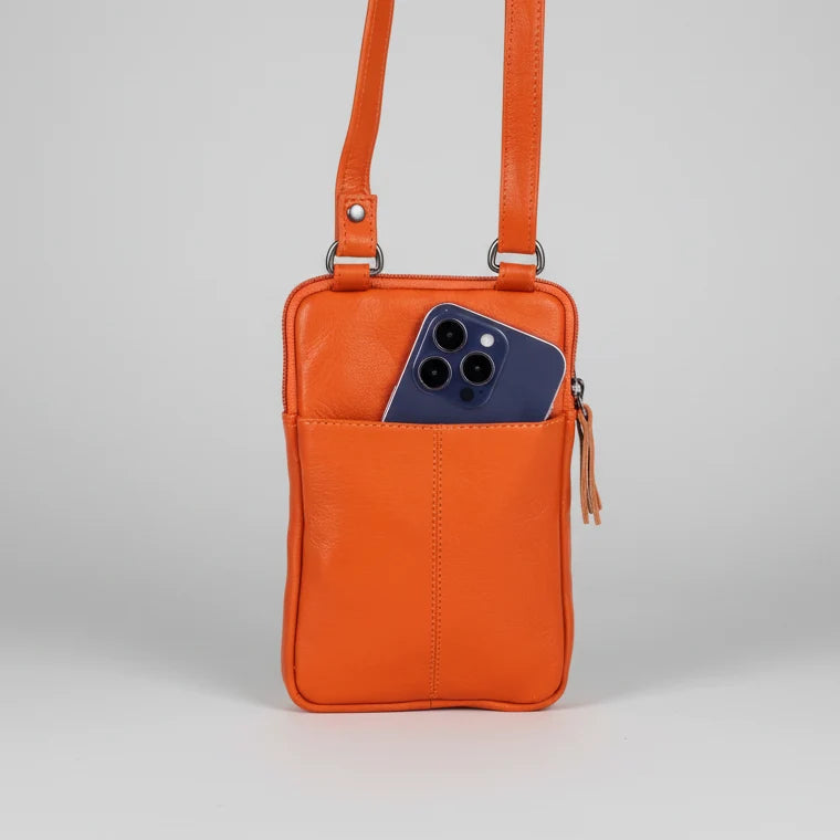 Greenwood Leather Compact Mini Crossbody. Slim Full-Grain Leather Phone Bag & Travel Organizer
