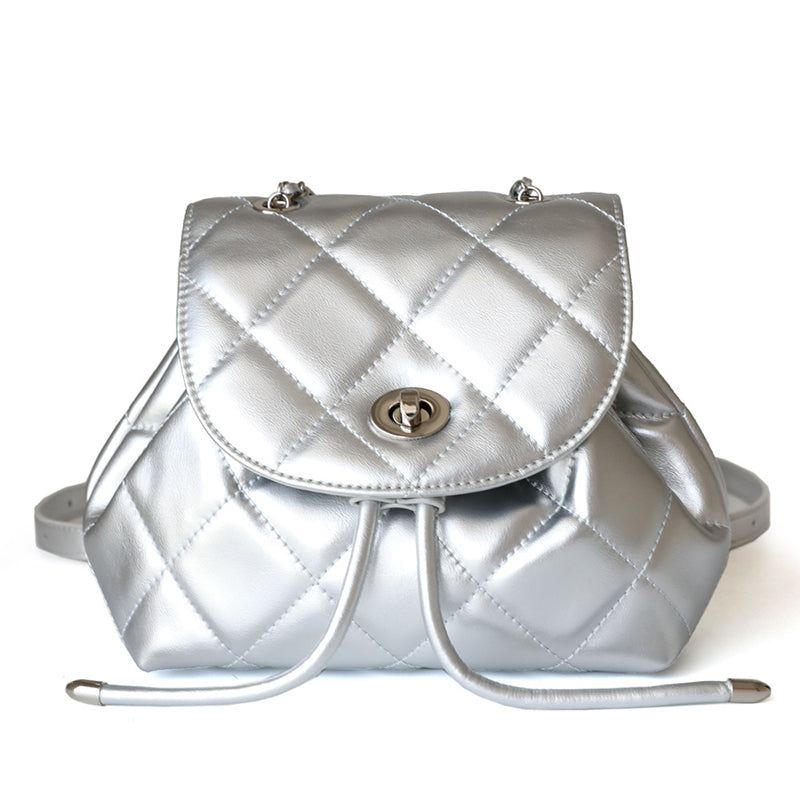 Perseis | Silver Quilted Leather Backpack – Chic, Trendy & Eye-Catching