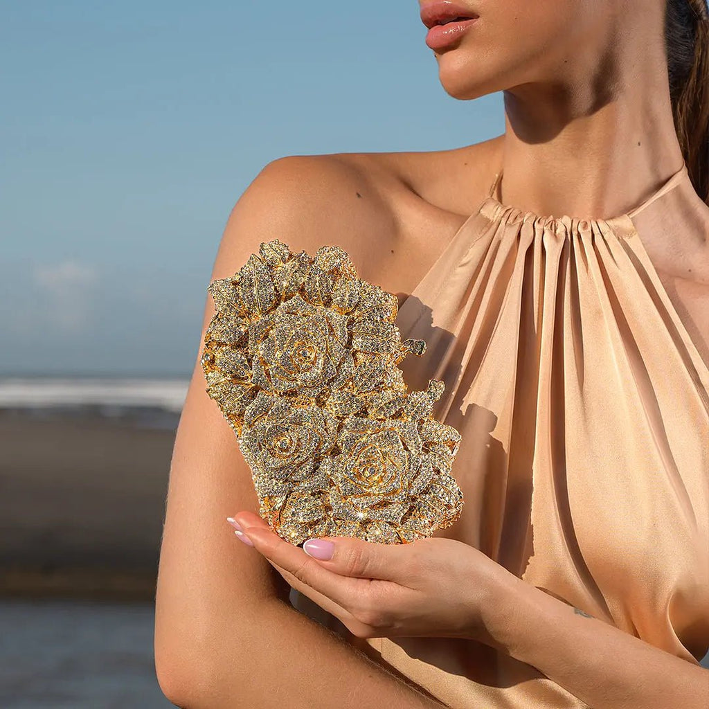 Lioris | Gold Rose Crystal Evening Clutch – Luxurious Bloom