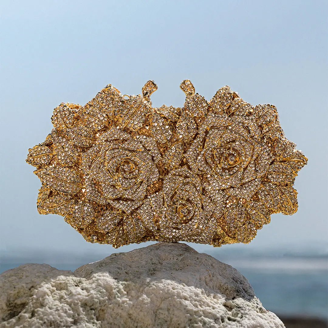 Lioris | Gold Rose Crystal Evening Clutch – Luxurious Bloom