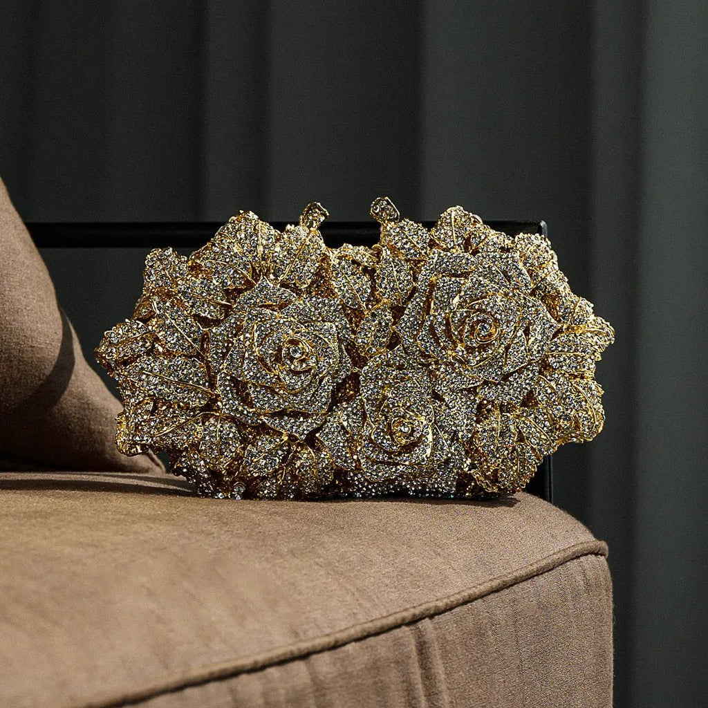 Lioris | Gold Rose Crystal Evening Clutch – Luxurious Bloom