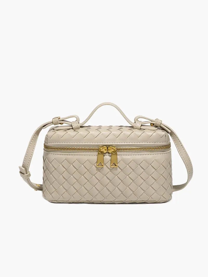 Luxe Woven Box Bag | Elegant Dark Brown Crossbody with Gold Zipper