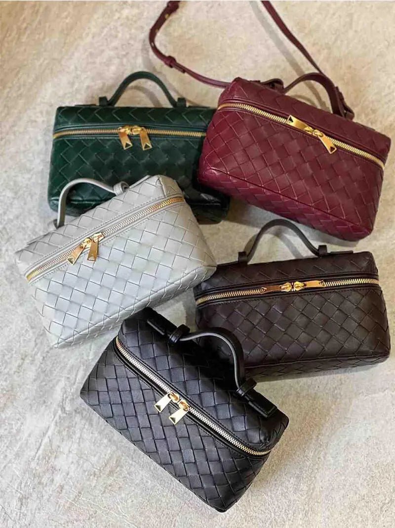Luxe Woven Box Bag | Elegant Dark Brown Crossbody with Gold Zipper