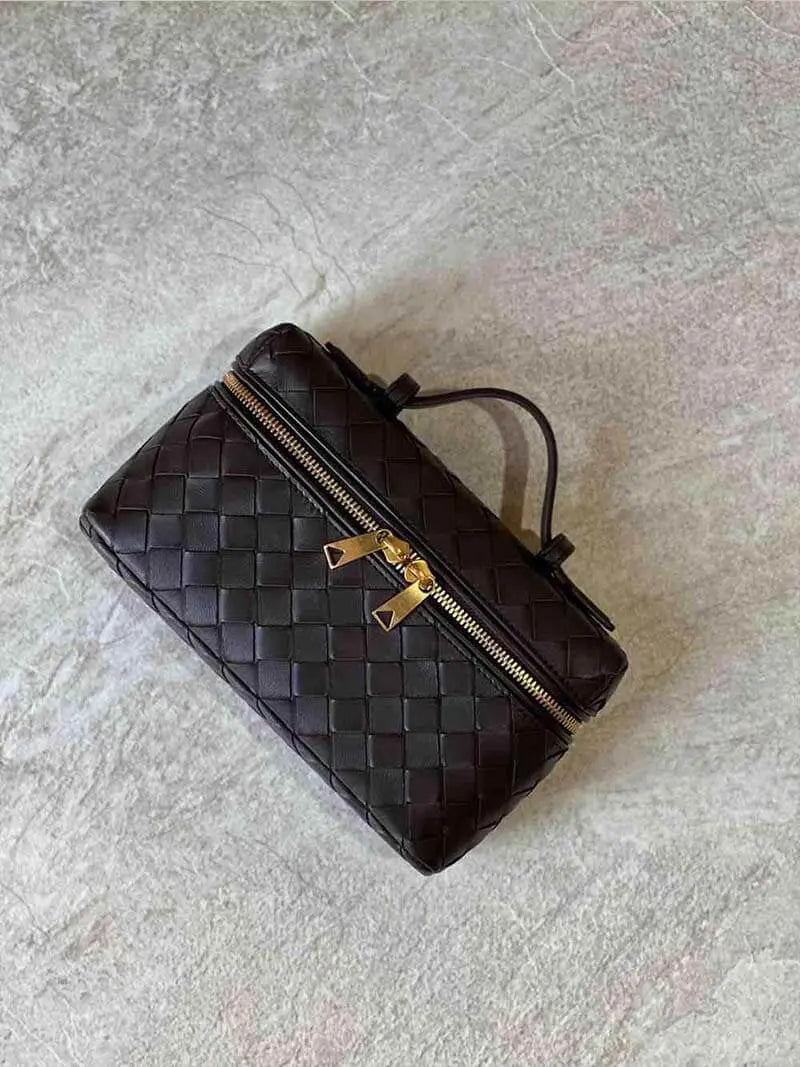 Luxe Woven Box Bag | Elegant Dark Brown Crossbody with Gold Zipper