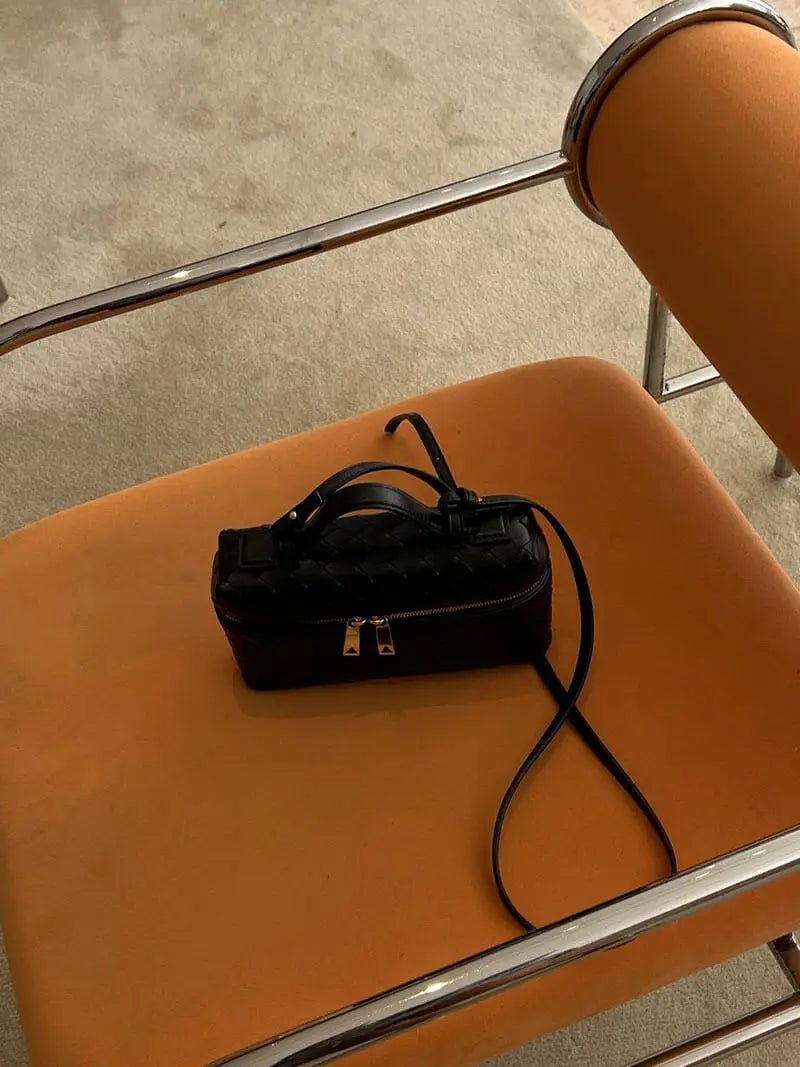 Luxe Woven Box Bag | Elegant Dark Brown Crossbody with Gold Zipper