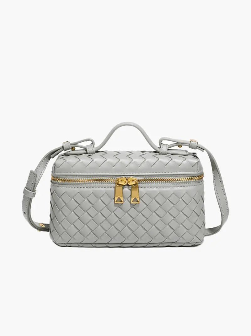 Luxe Woven Box Bag | Elegant Dark Brown Crossbody with Gold Zipper